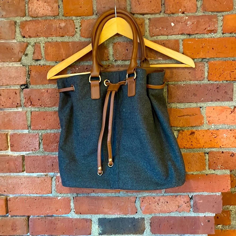Grey Talbot Fabric Tote with Brown Leather Trim perfect used condition